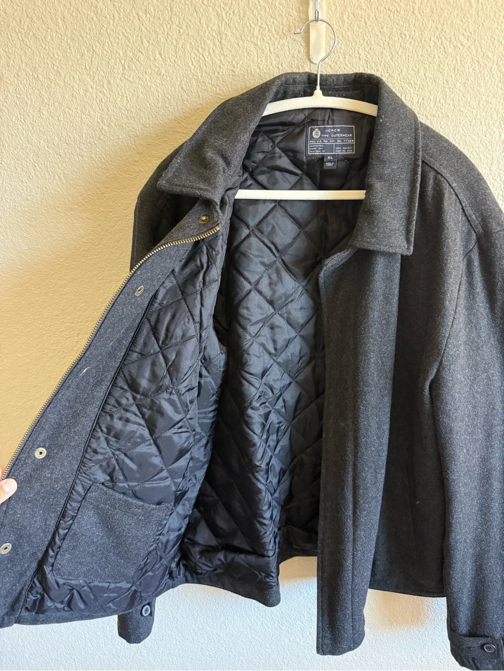 J Crew Men's Charcoal Gray Wool-Blend Coat Jacket Heavyweight Quilted Size XL